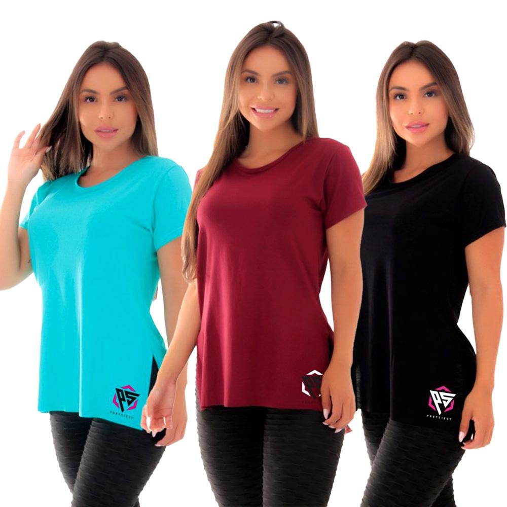 Kit 3 Blusas Academia Fitness Tapa Bumbum Ps Camiseta Feminina