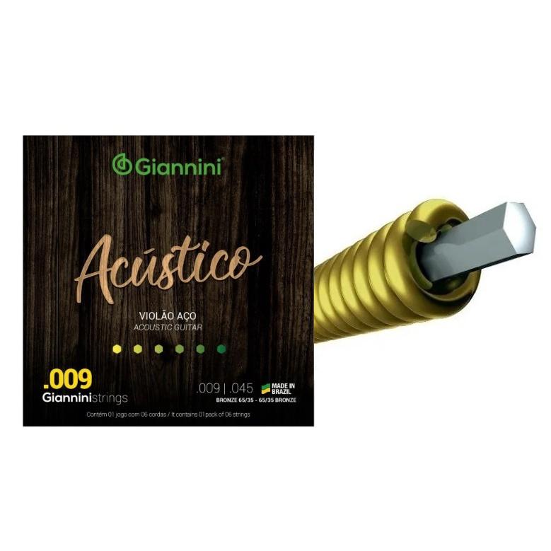 Encordoamento Corda Violão Aço Giannini.009 Acústico Geswal 2 Palhetas