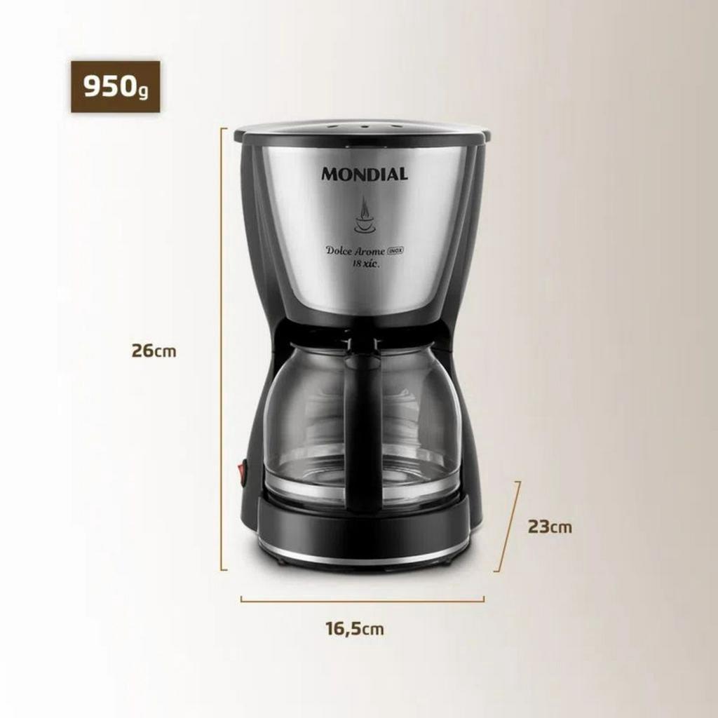 Cafeteira Elétrica Jarra Em Vidro Mondial Preto Inox Dolce Arome C-3018 Xícaras 127v