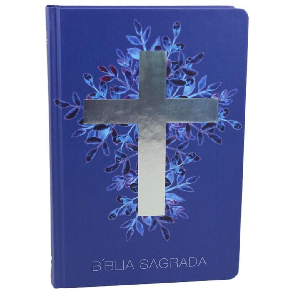Bíblia Sagrada Cruz Prata Letra Normal Naa Capa Dura Azul