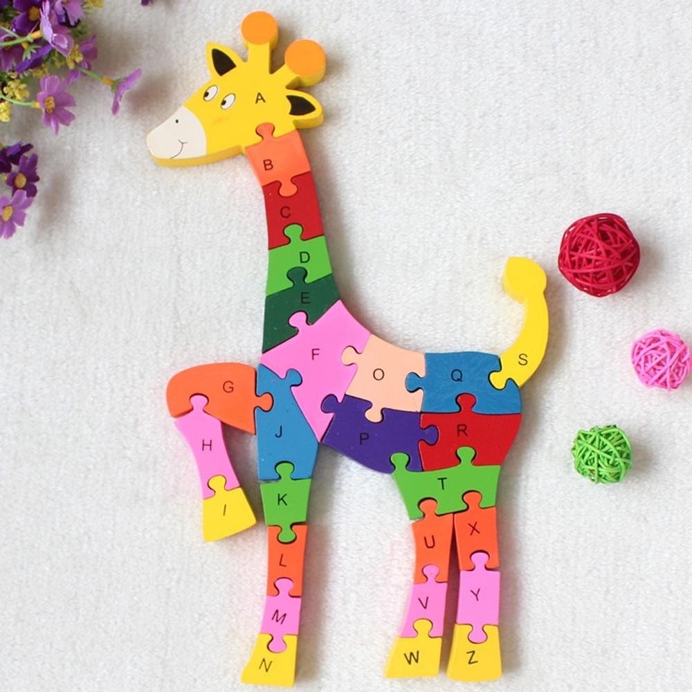 Quebra-cabeça Madeira Infantil Educativo Montessori Animal Girafa Com 26 Peças Do Alfabeto