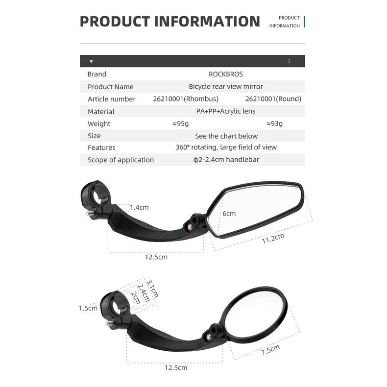 Espelho Retrovisor Bicicleta Rockbros HD 360 Espelhos Laterais Ajustáveis Para Mountain Bike Estrada/ciclismo