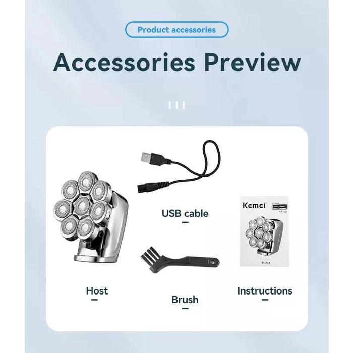 Kemei 8 Cabeças Barbeador Elétrico 8D Homens Barba Rotativa Recarregável À Prova D Água Mini Máquina De Barbear Portátil Seco Úmido Para Careca