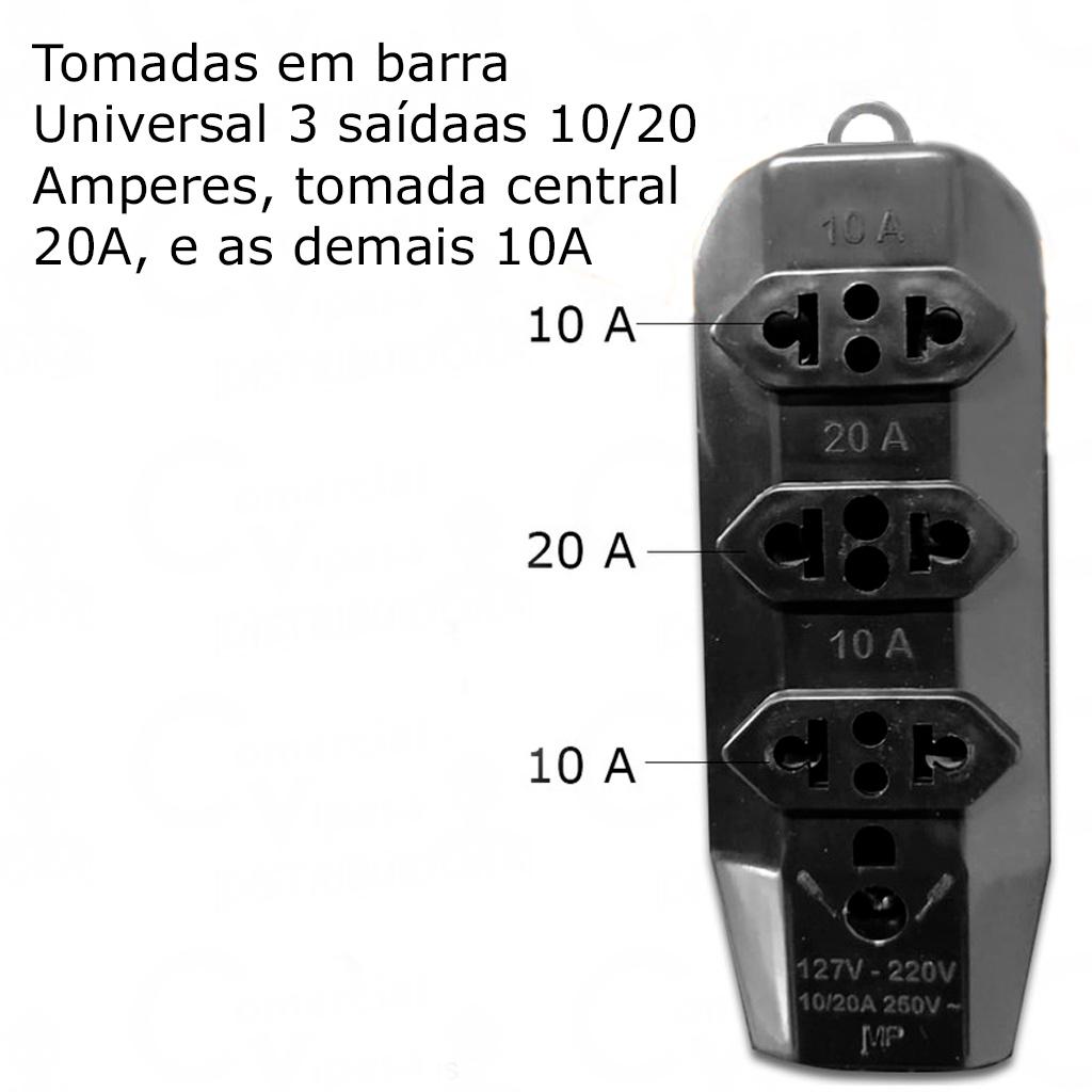 Tomada Tripla Régua Universal De 10A - 20A 3 Saídas Para Pontas De Extensão Tomada