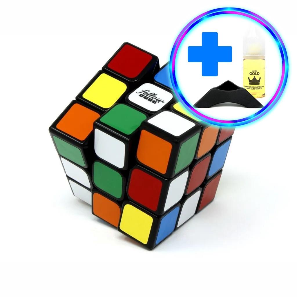 Kit Cubo Mágico 3x3 Fellow Cube Tradicional Cuber Brasil Com Lube Gold E Base