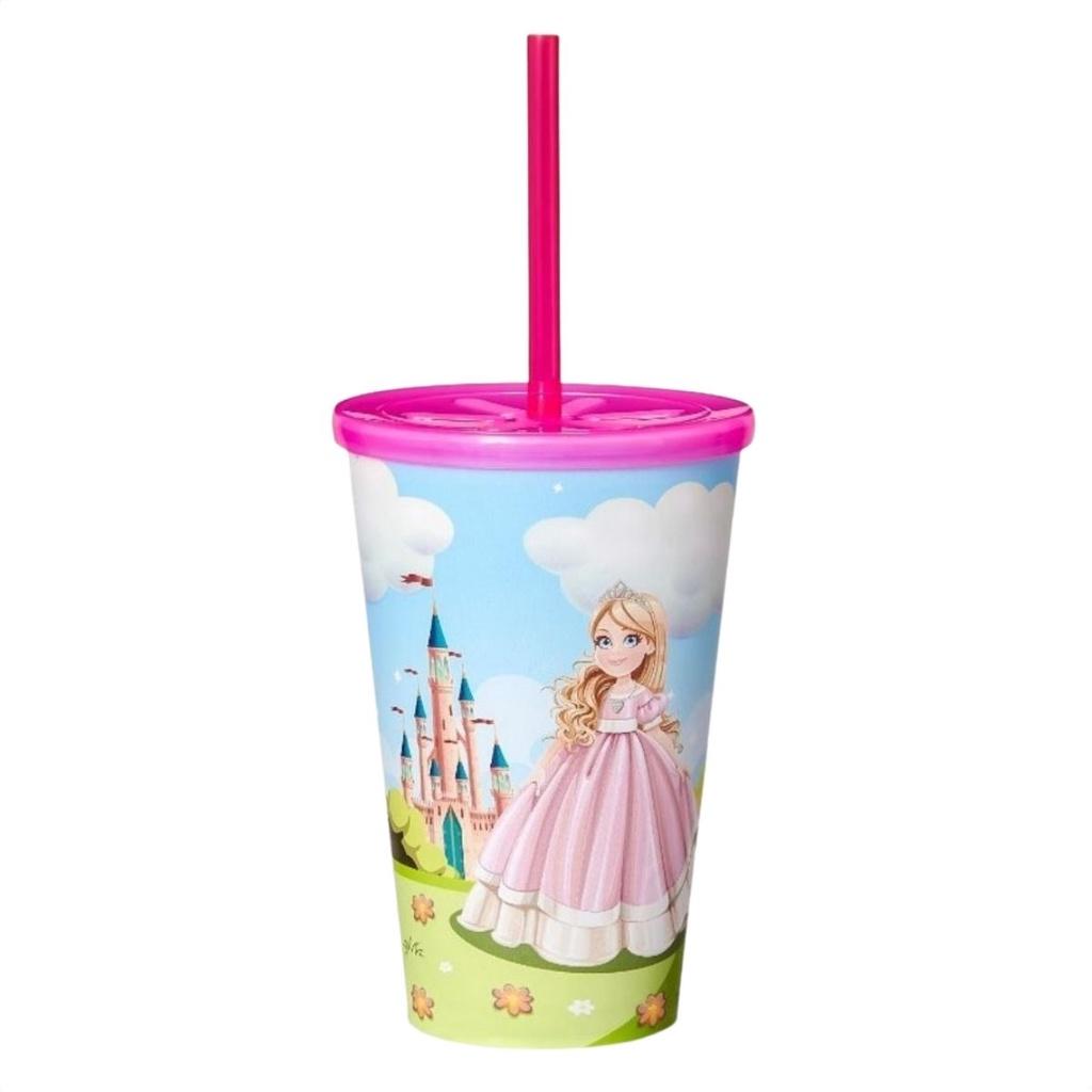 Copo Infantil 550ml Decorado Tampa Reta E Canudo Resistente Para Crianças Usual