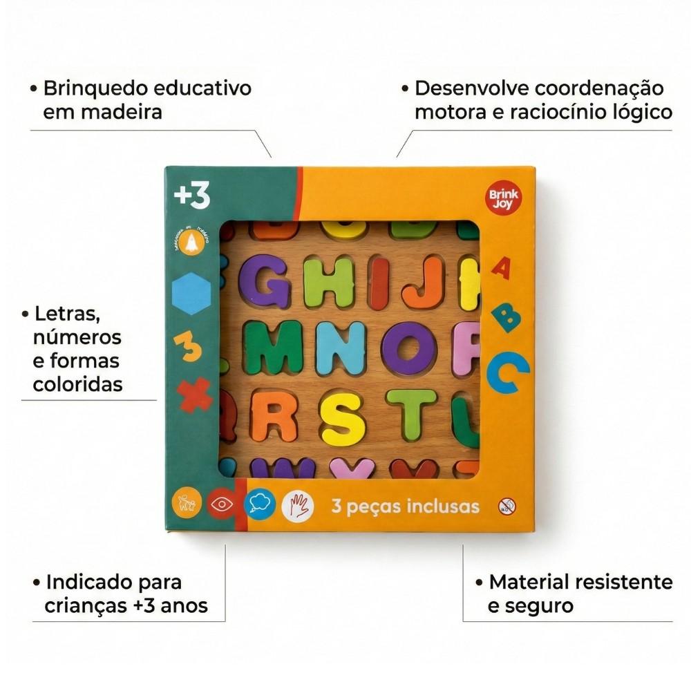 Kit Aprenda Brincando Educativo 3 Em 1 Madeira Alfabeto Números Formas
