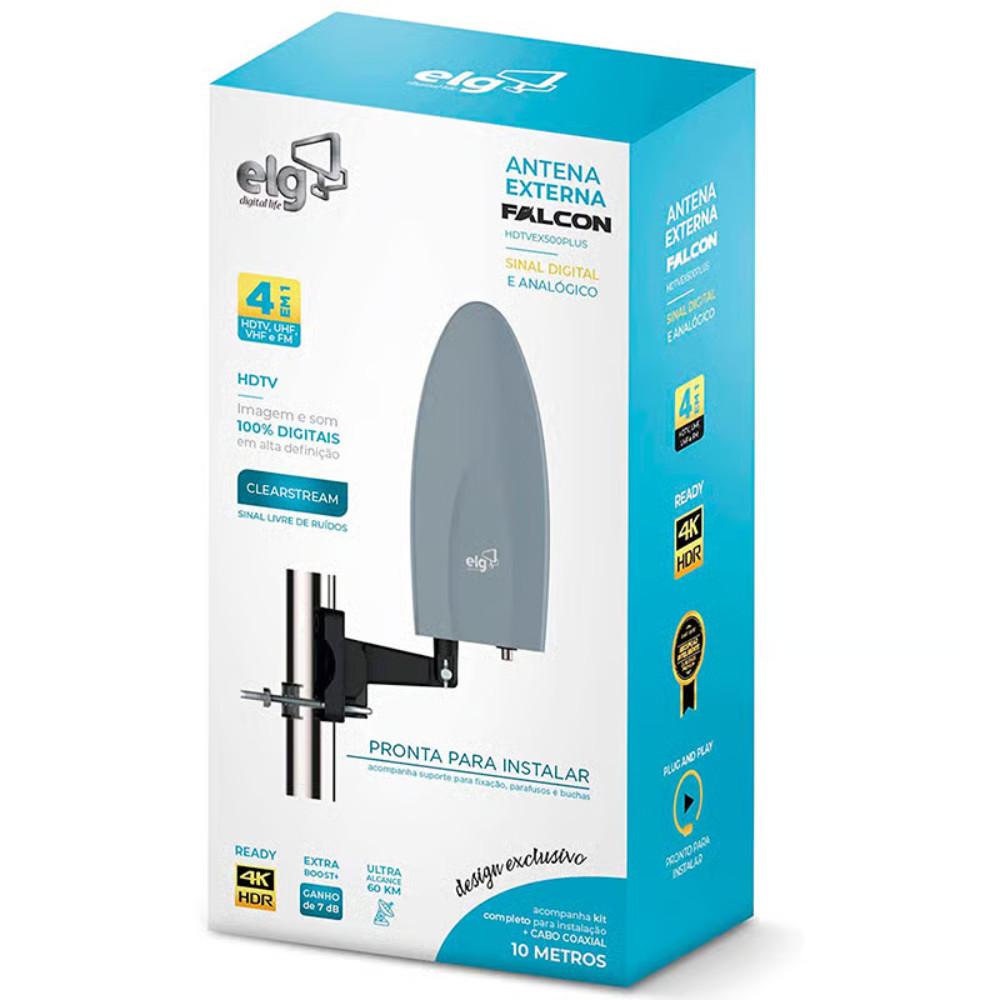 Antena Digital Externa Falcon - Alcance 60km - Cabo De 10 Metros - Elg Hdtvex500plus