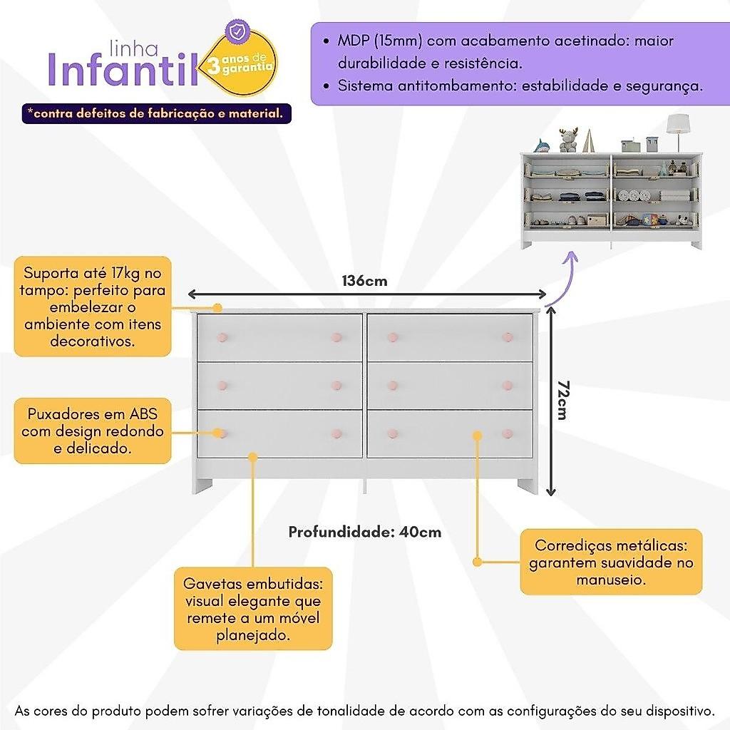 Cômoda Infantil 136cm Com 6 Gavetas Multimóveis
