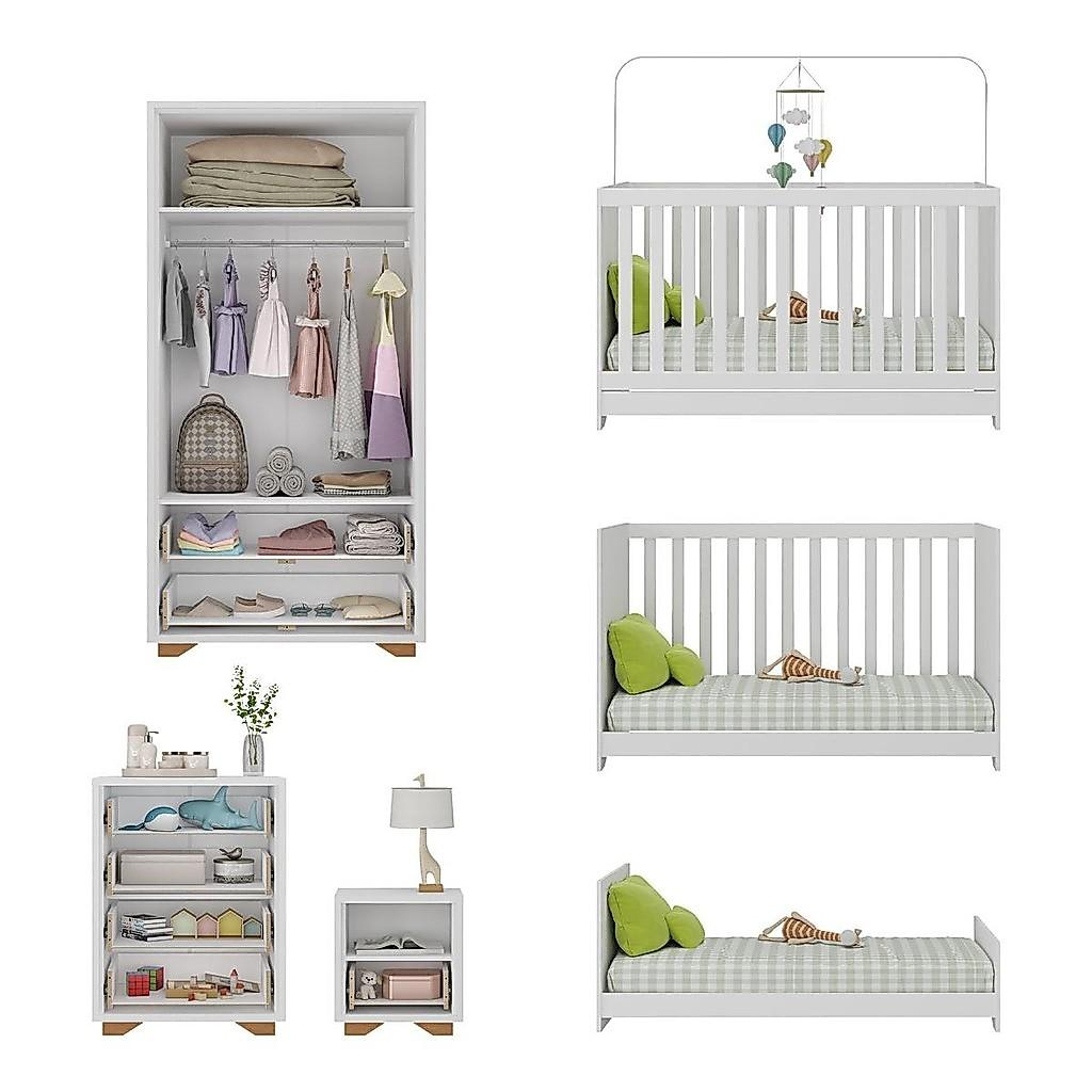 Quarto De Bebê Completo Com Berço 3 Em 1 Com Colchão Incluso Multimóveis Branco/natural