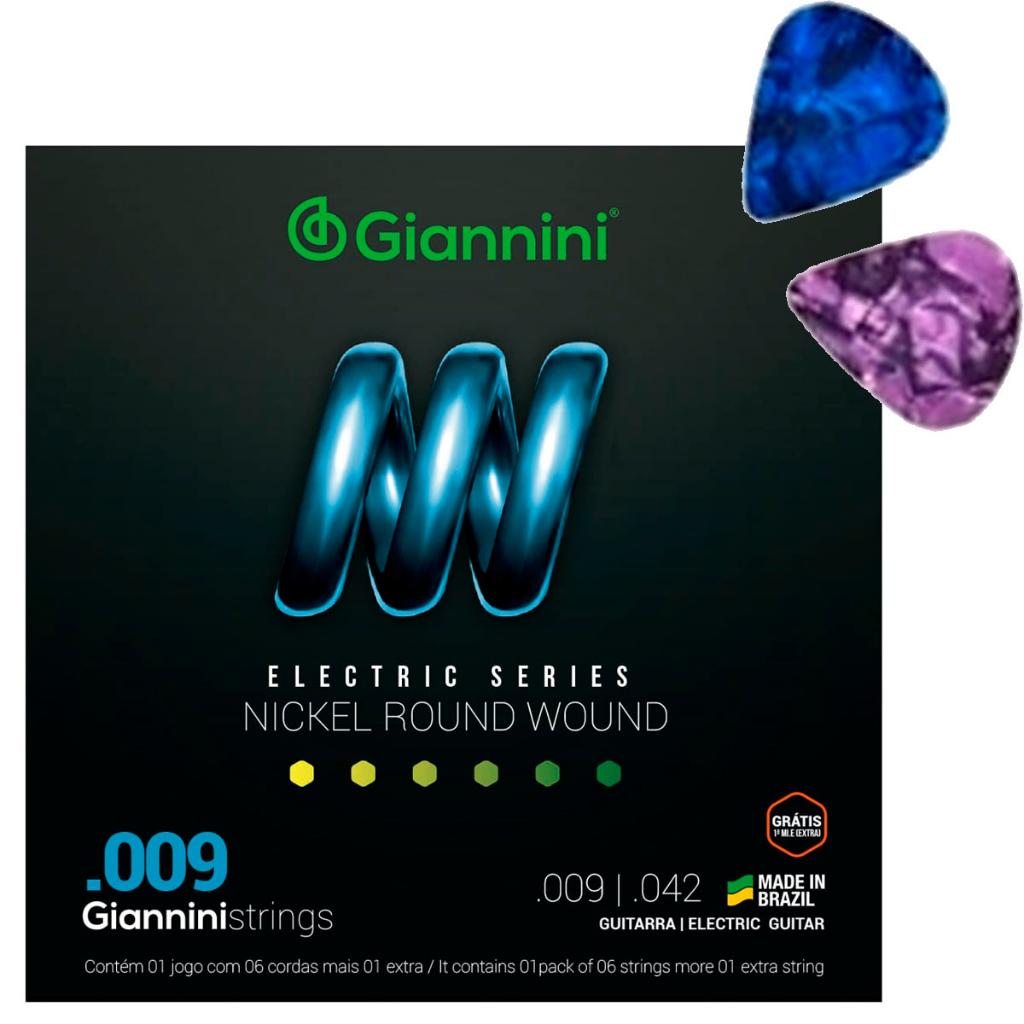 Encordoamento Para Guitarra Giannini Niquel.009 Geegst9 + 2 Palhetas