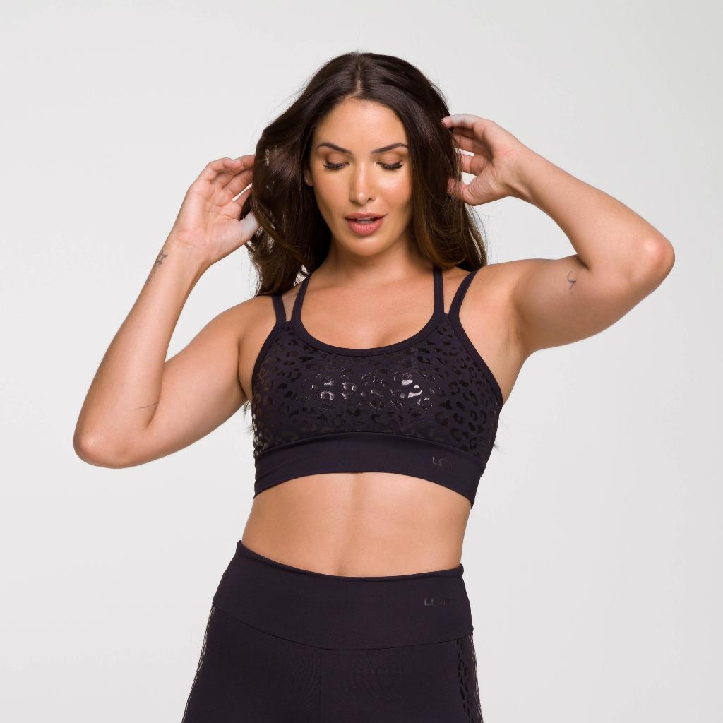 Top Fitness Feminino Academia Estampado Top Poliamida Feminino Preto Para Treinar E Malhar Oncinha
