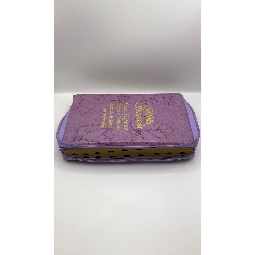 Bíblia Sagrada Tamanho Grande Com Harpa Palavras De Jesus Em Vermelho Zíper Capa Folha Lilas