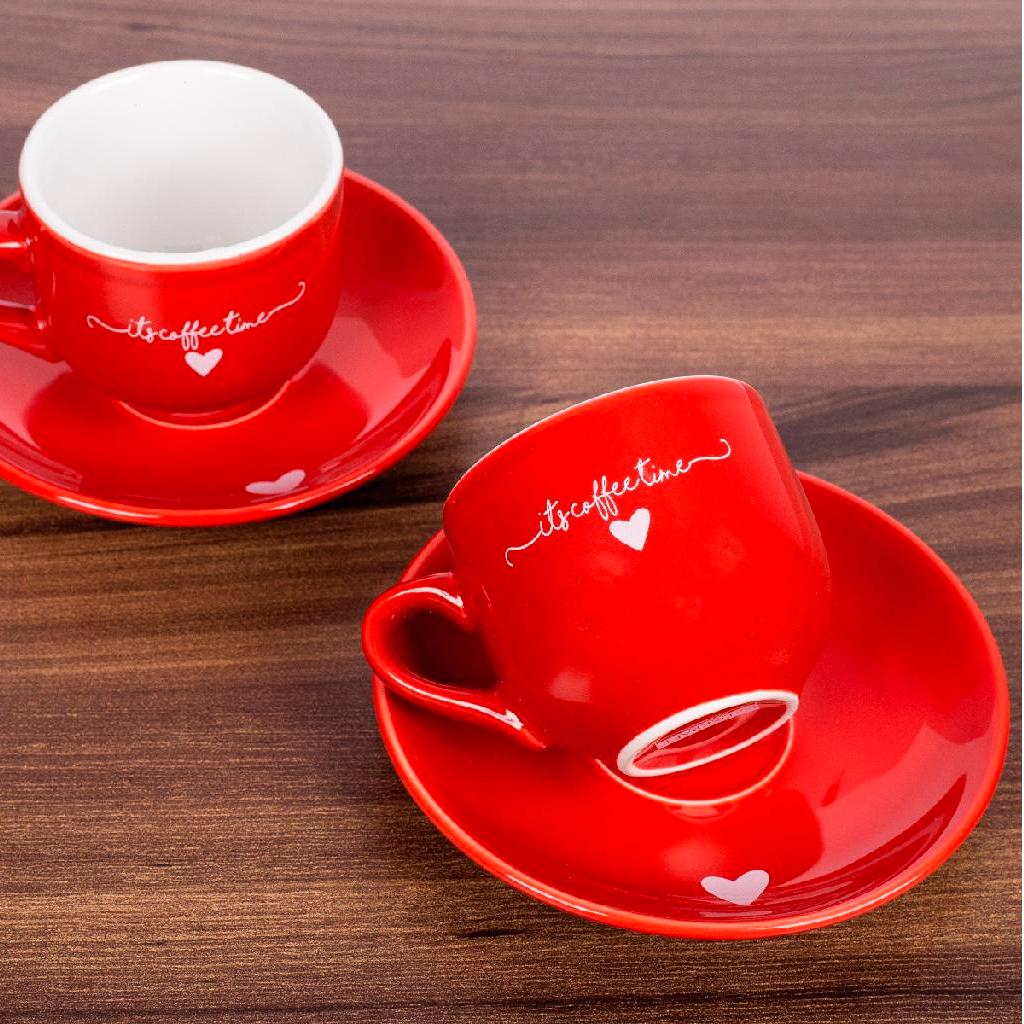 Kit Jogo De Xicara E Pires Vermelha Para Chá Da Tarde Café Da Manhã Porcelana Lamour 90ml 6 12 Peças