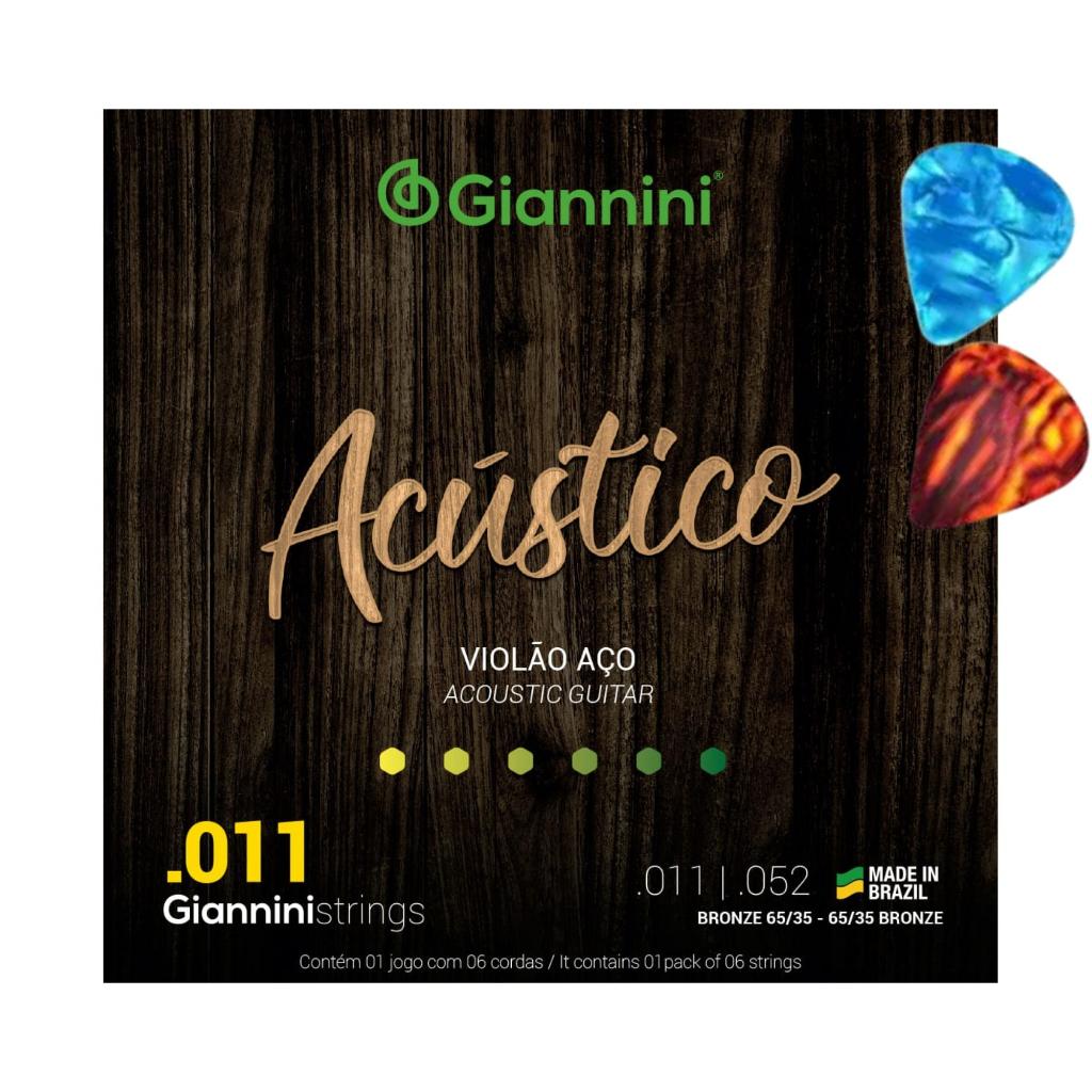 Encordoamento Para Violão Aço Giannini Acústico Bronze 65/35 Gespw.011+ 2 Palhetas