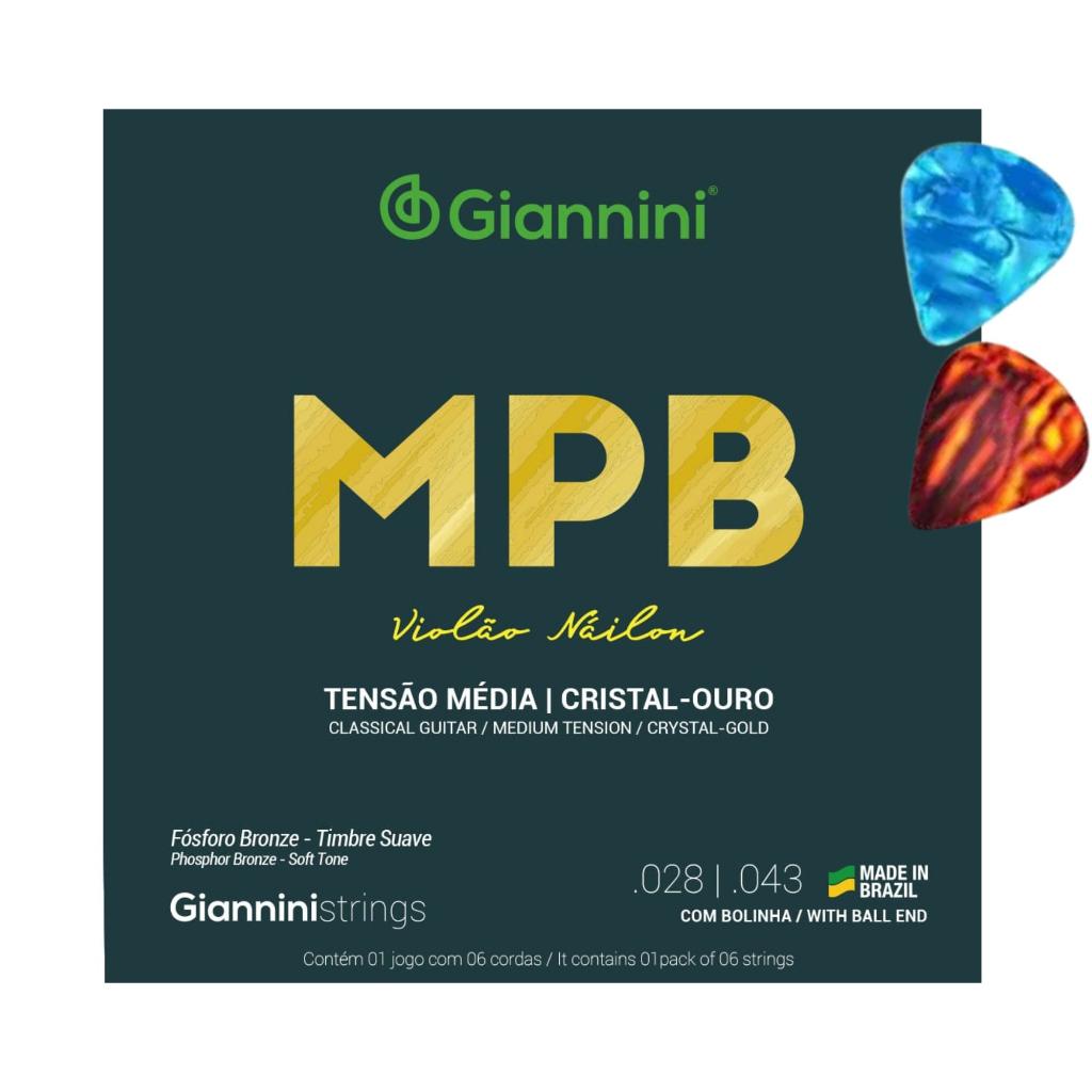 Cordas Encordoamento Violão Nylon Giannini Cristal - Ouro Genwg + 2 Palhetas