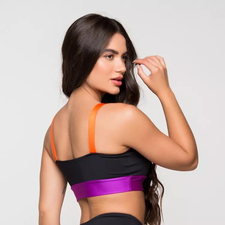 Top Fitness Academia Feminino Poliamida Preto Com Detalhe Roxo E Laranja Paris