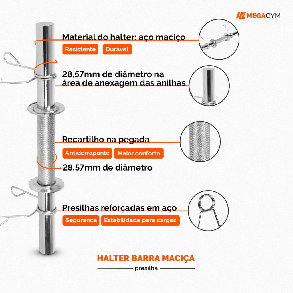 Halter Barra Maciça 40cm Cromada Com Presilha Para Treino De Musculação E Academia