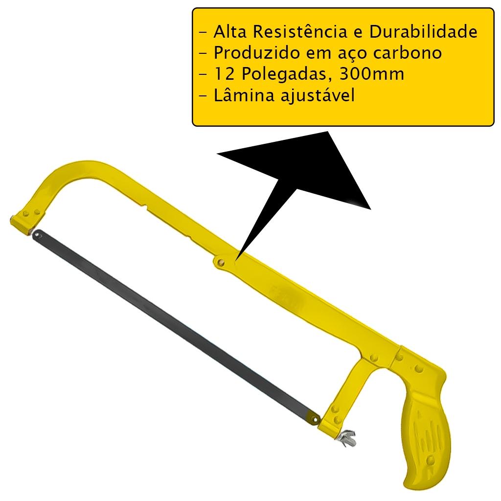 Arco De Serra Manual Ajustável 12pol. 30cm Aço Carbono Para Serrar Madeira Ferro Plástico - Fertak