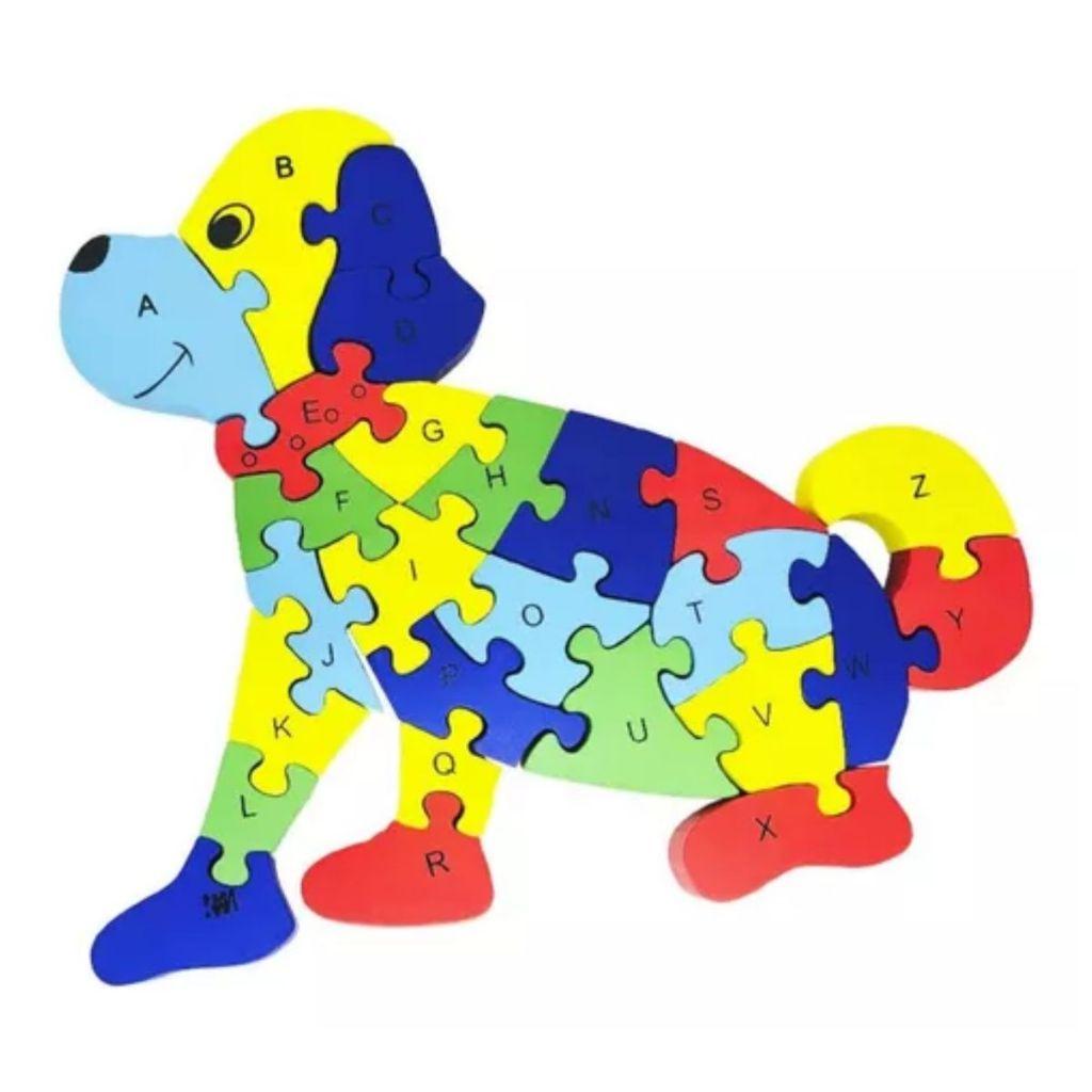 Quebra-cabeça Madeira Infantil Educativo Montessori Animal Cachorrinho Com 26 Peças Do Alfabeto