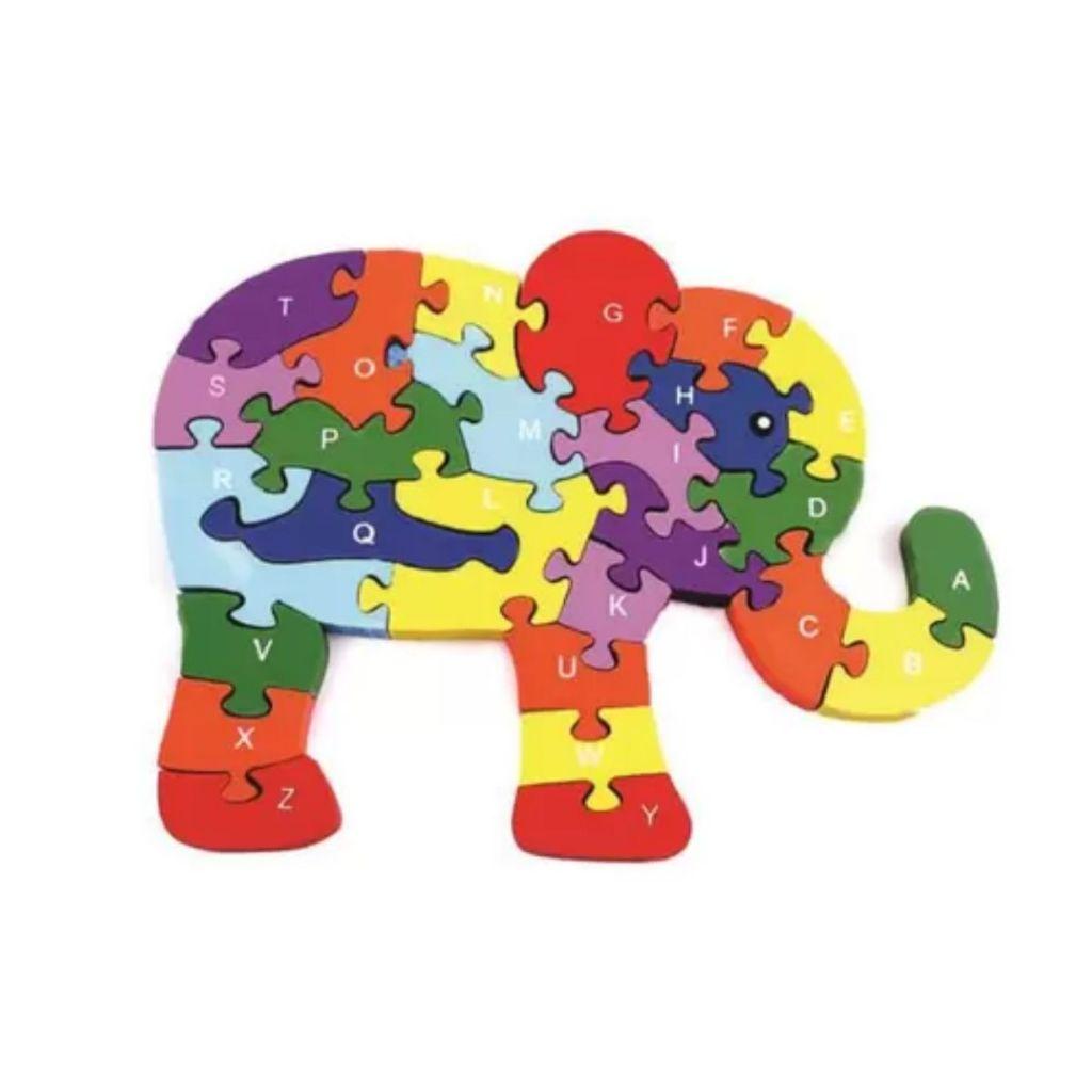 Quebra-cabeça Madeira Infantil Educativo Montessori Animal Elefante Com 26 Peças Do Alfabeto