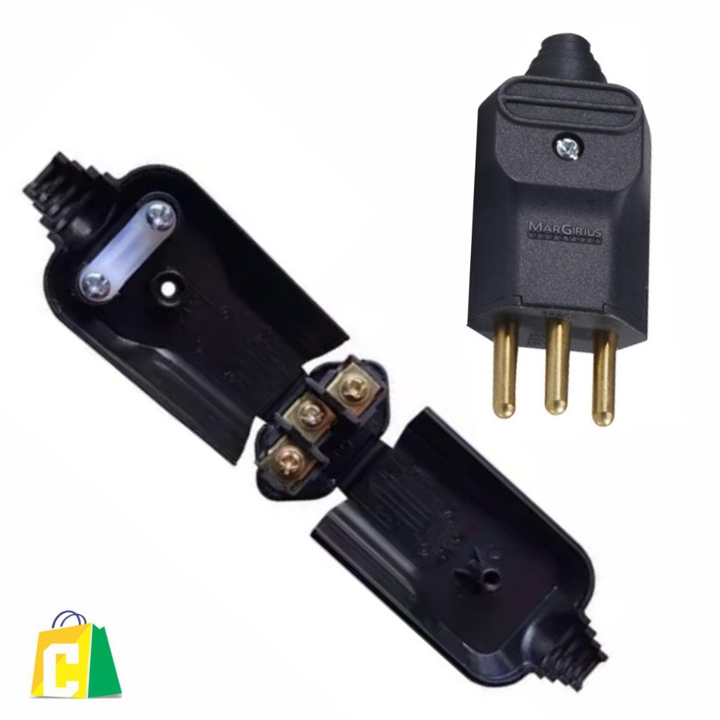 Plug Macho 2P+T 20A 250V 3 Pinos Preto Margirius
