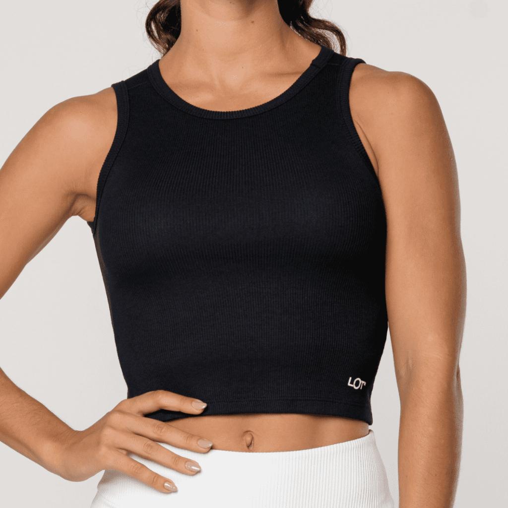 Regata Fitness Básica Feminina Preta Canelada Academia Algodão