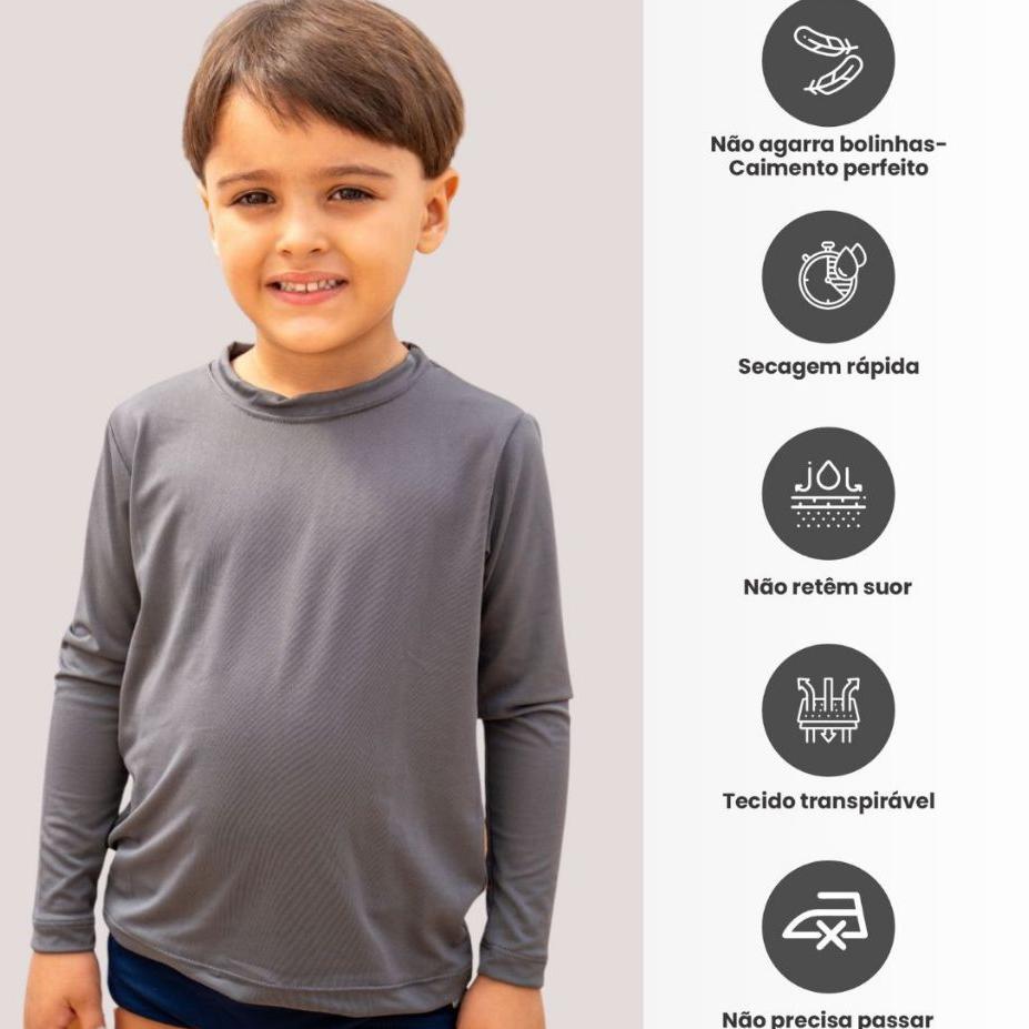 Camisa Infantil Proteção Solar Blusa Manga Longa Proteção Menino Menina Bebê Criança Cinza