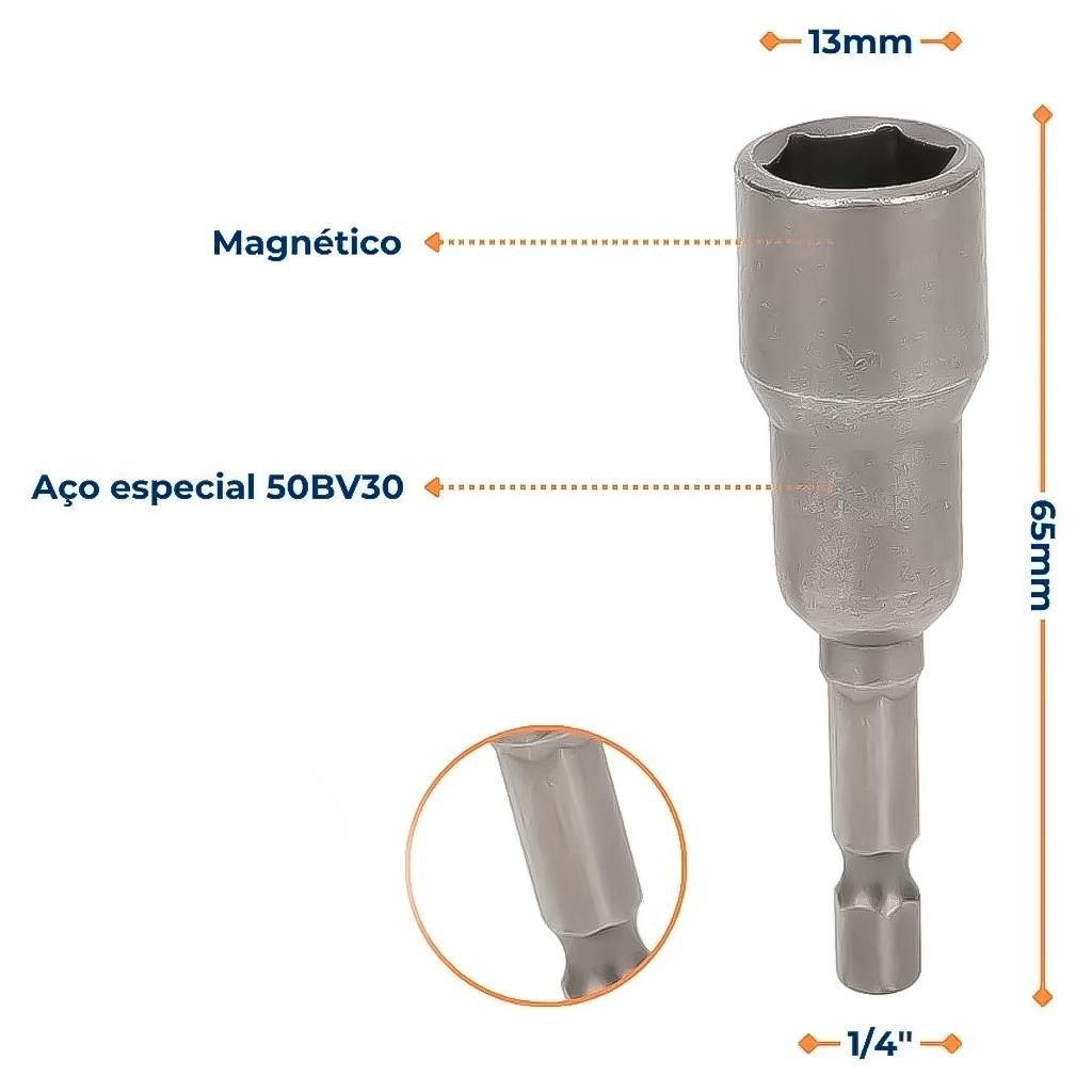 Jogo Bits Soquete Magnético Parafusadeira 13mm 65mm 1/4pol. Resistente Profissional Polido