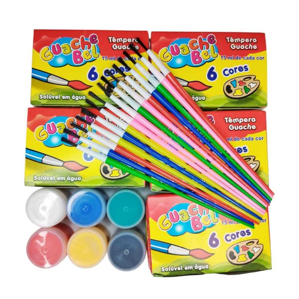 Kit 30 Unidades Tinta Guache15ml + 15 Unid. Pinceis Pintura Aquarela Escolar Lembrancinha Infantil