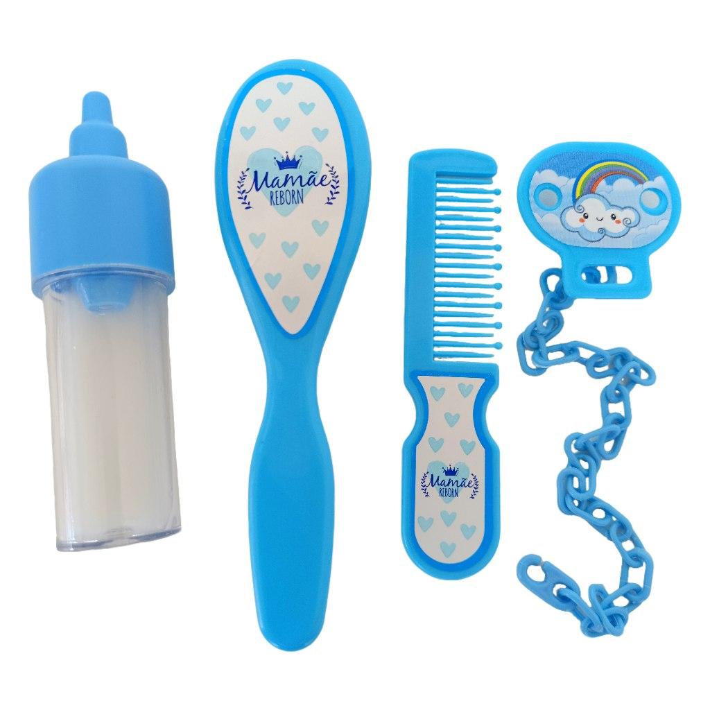 Kit Roupa Boneca Bebê Reborn Menino Bolsa Roupa Azul 15 Acessórios - Veste De 45 A 50cm
