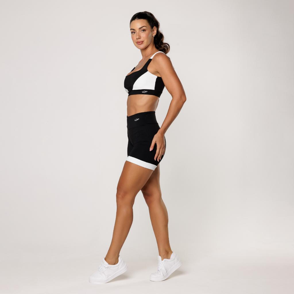 Conjunto Feminino Academia Top Preto Com Recorte Branco Short Fitness Elevate