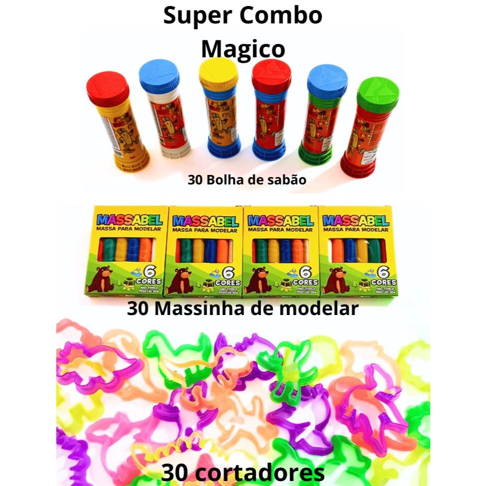 30 Caixa Massinha Modelar + 30 Bolha De Sabao+ 30 Cortador Molde Kit Lembrancinha Aniversario Prenda