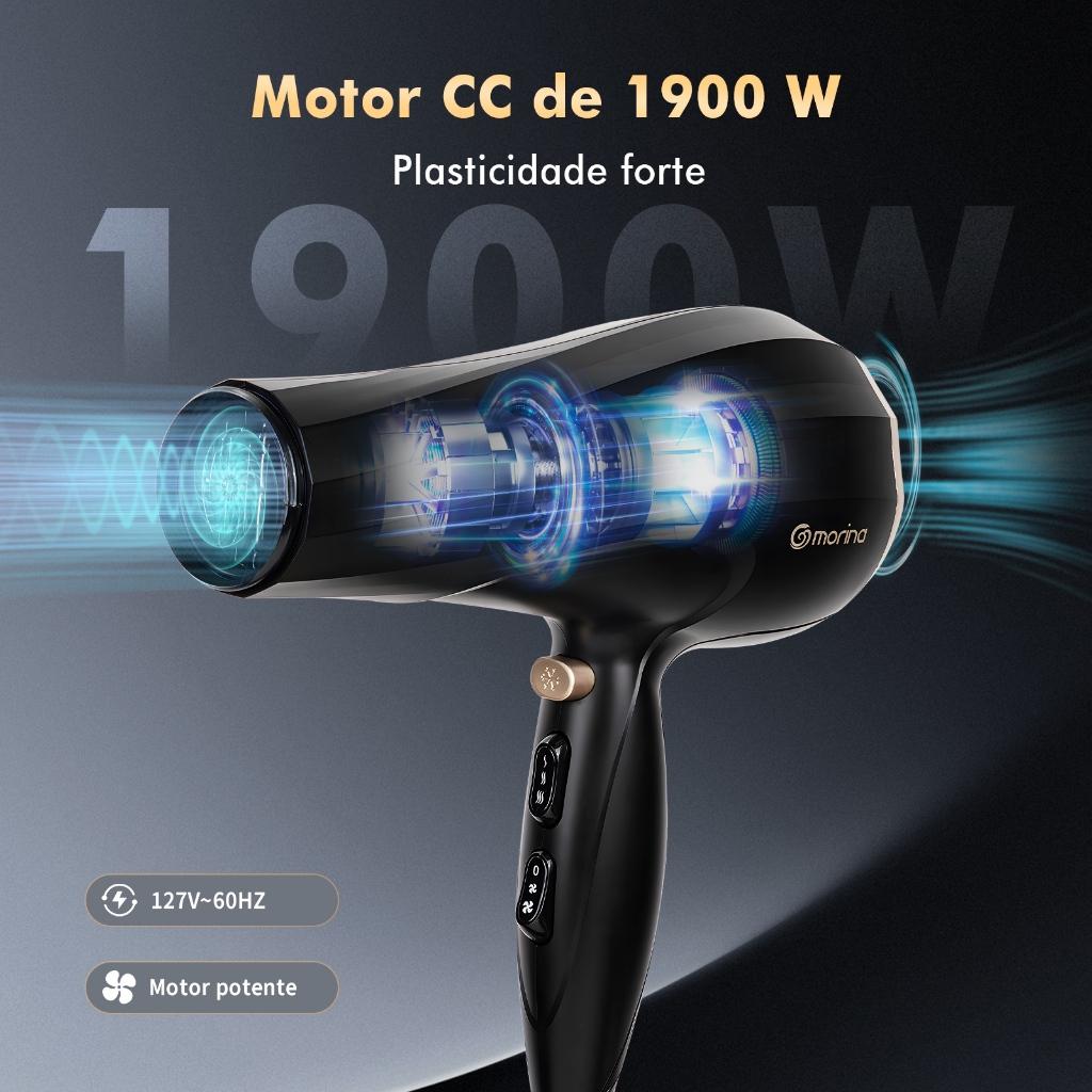 Morina Secador De Cabelo 1900 Watts Preto Com Coletor De Vento E Difusor 127v/220v