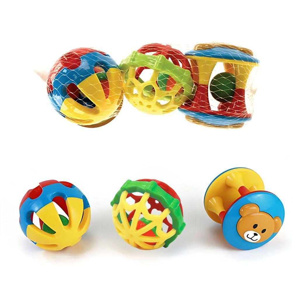 Torre Kit 3 Chocalho Com Bolinha Colorida Bebe Criança Infantil Educativa Pedagógica