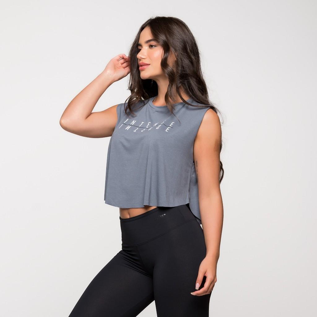 Regata Fitness Feminina Academia Viscolycra Basica Cropped Cinza Estampado Intense