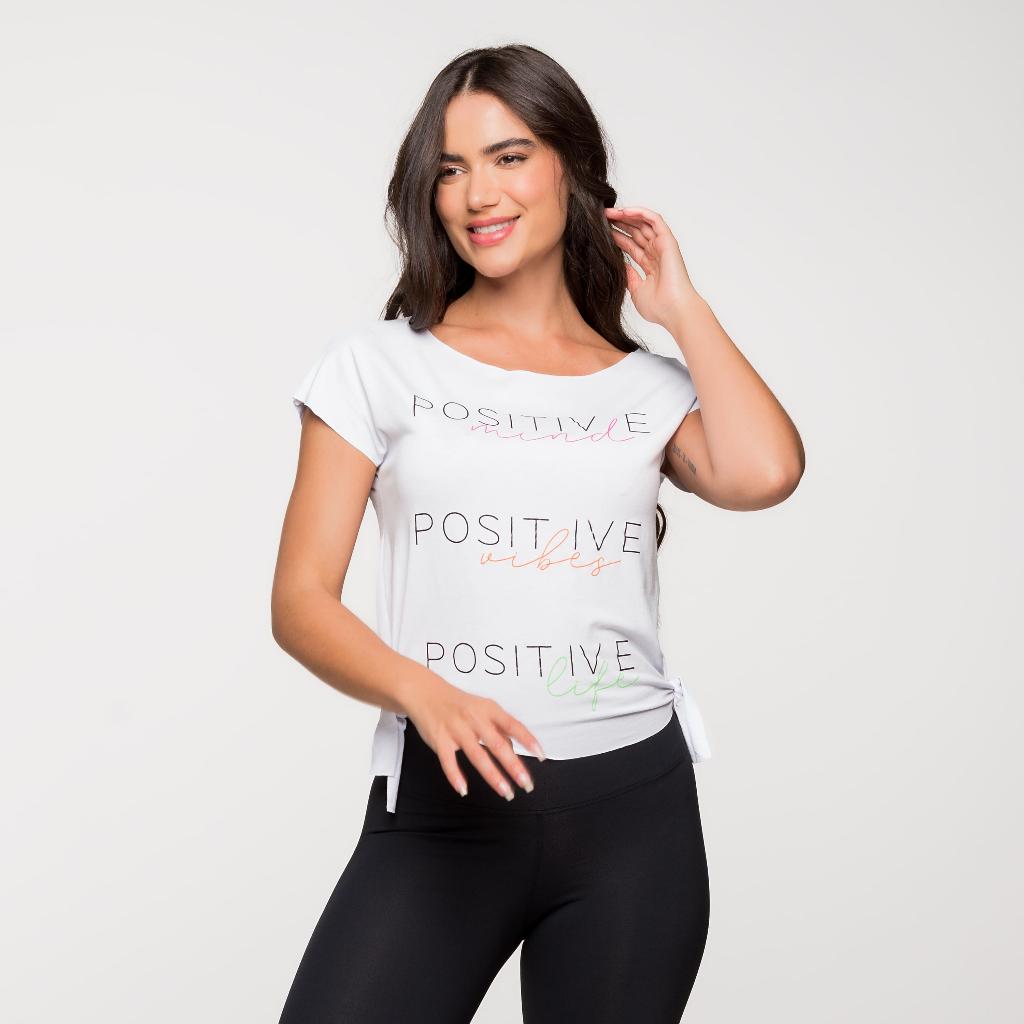 Blusa Fitness Feminina Academia Viscolycra Basica Branca Com Amarração Lateral Estampada
