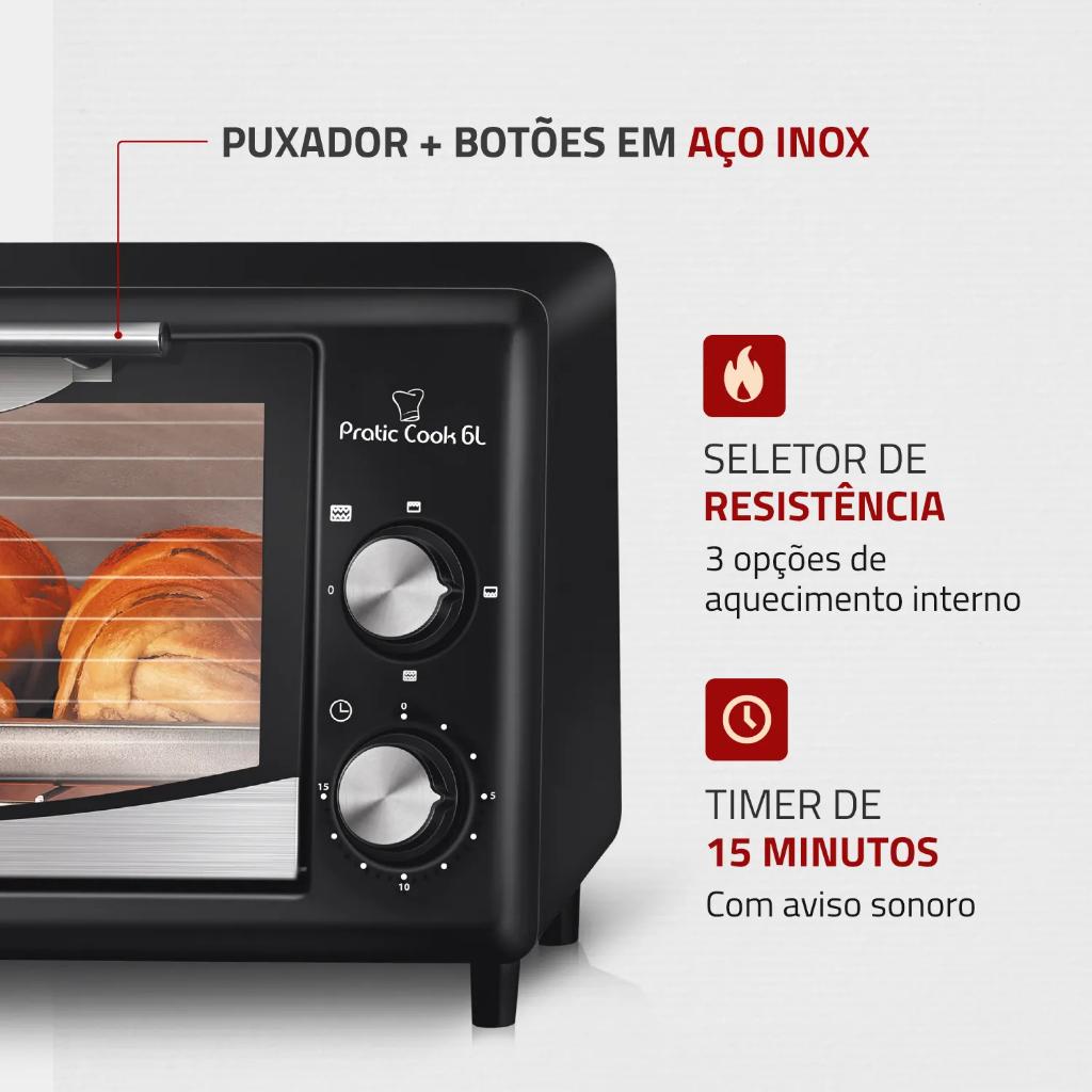 Forno Elétrico Multifunções 6 Litros Pratic Cook Fr-09 220V 650W Preto/inox