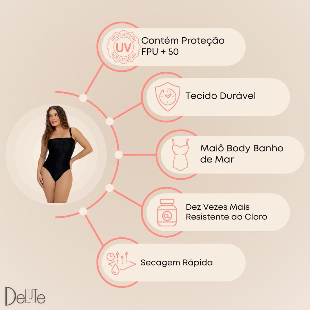 Maiô Body Banho De Mar Sem Bojo Alça Trançada Compressão Na Medida Certa Tecido Texturizado Fpu 50