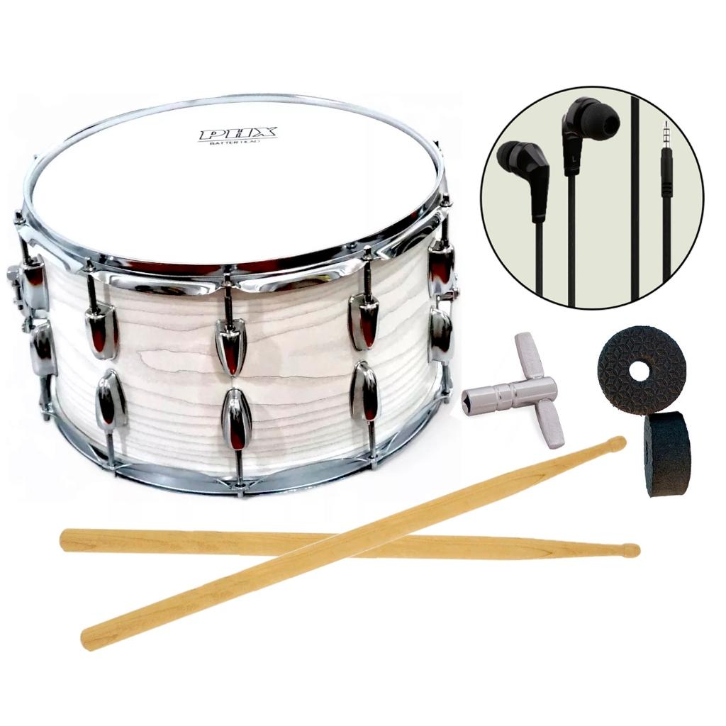 Caixa Bateria Phx Music 14x8 Madeira Cromado Pele Cristal