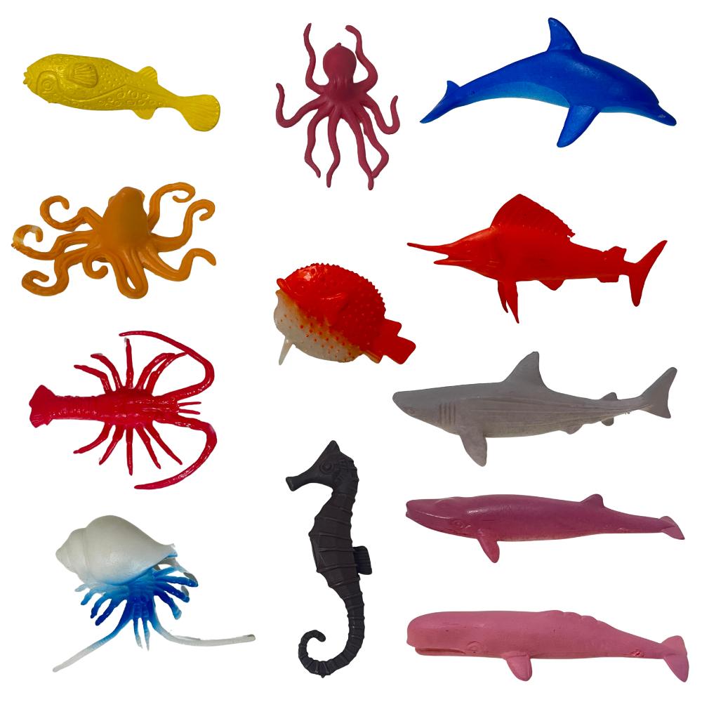 Kit 12 Animais Marinhos Tubarão Peixe Caranguejo Realista Brinquedo Animais Aquáticos
