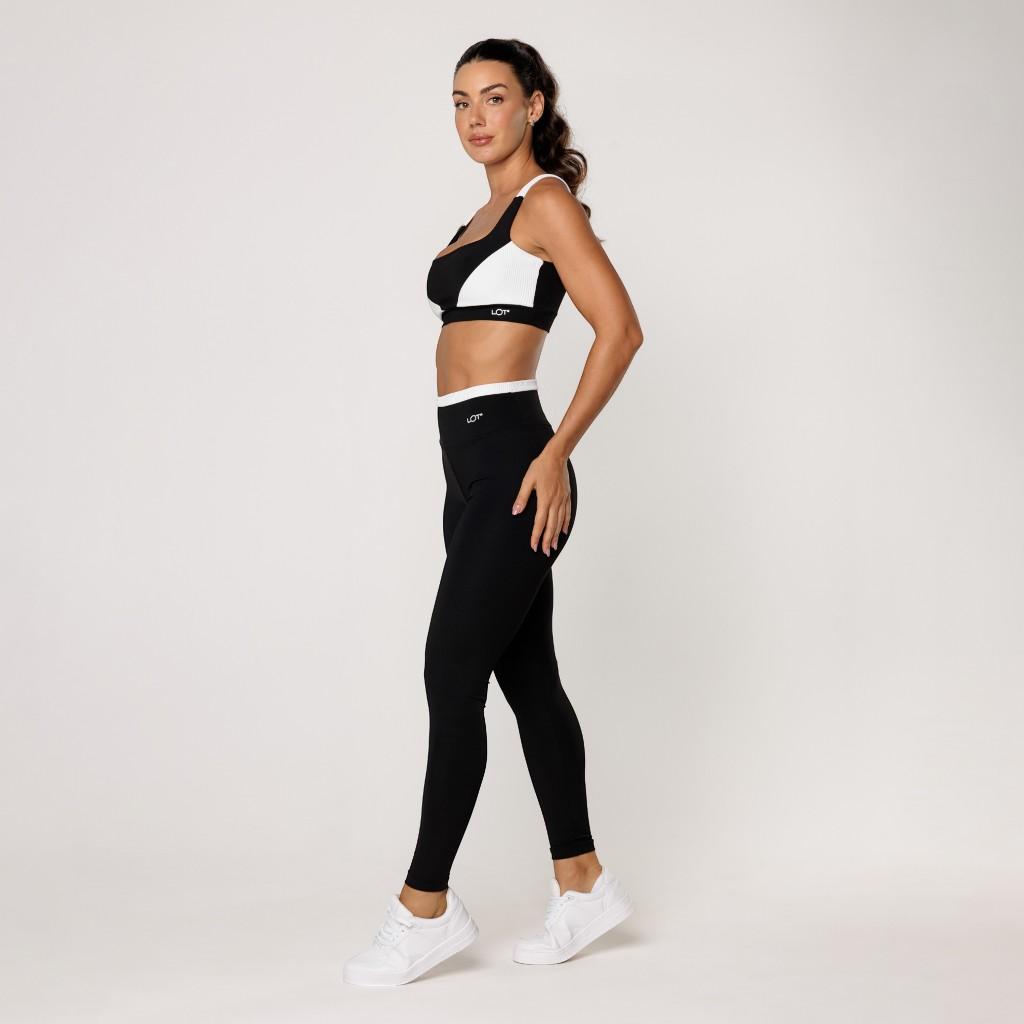 Conjunto Feminino Academia Top Preto Com Recorte Branco Legging Fitness Elevate