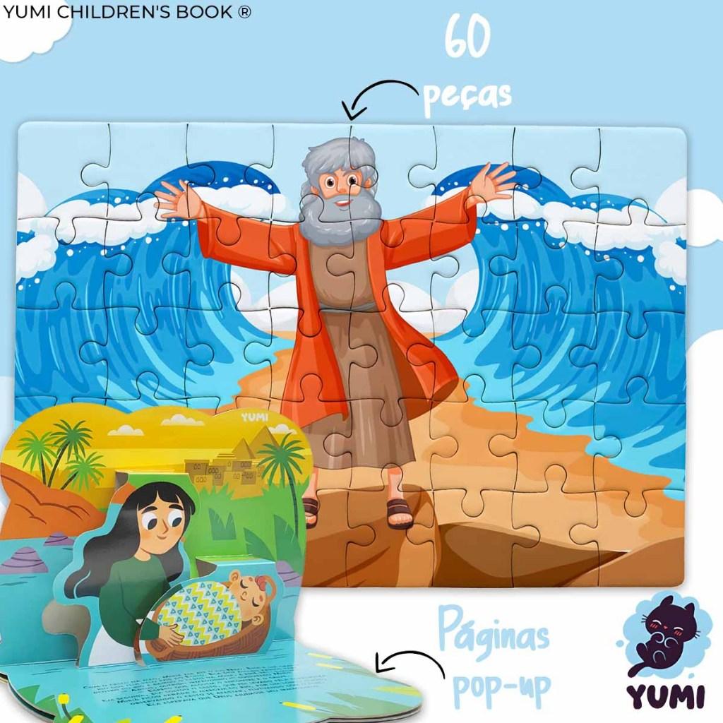 Kit Livro Infantil História De Moisés Em 3d Pop-up + Quebra-cabeça Bíblia Infantil Leia E Divirta-se 4 A 12 Anos
