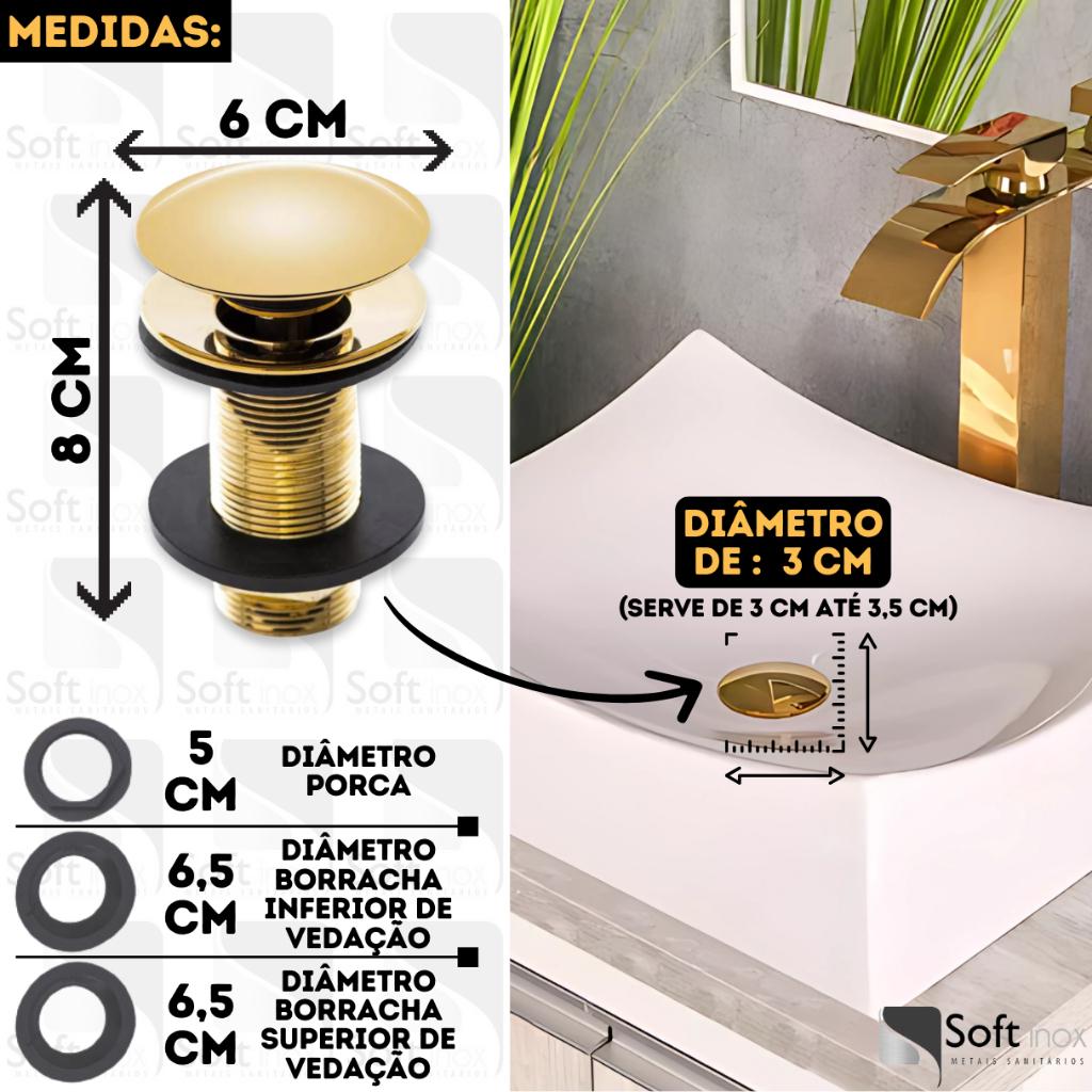 Válvula Ralo Pia Click Inox Para Cuba Banheiro Lavatório 7/8 Luxo 3cm Dourada Cromada Preta Rose