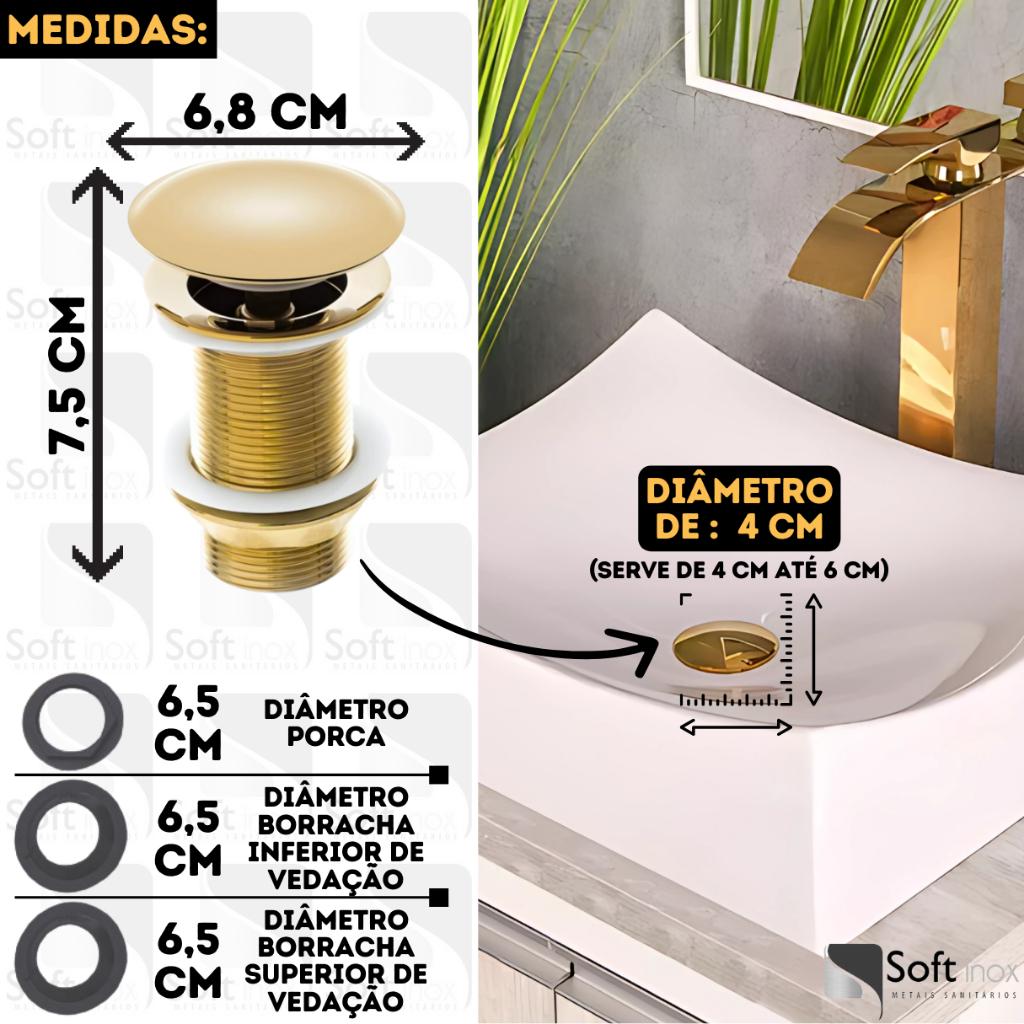 Válvula Ralo Pia Click Inox Para Cuba Banheiro Lavatório 1.1/4 Luxo 4cm Dourada Cromada Preta Rose