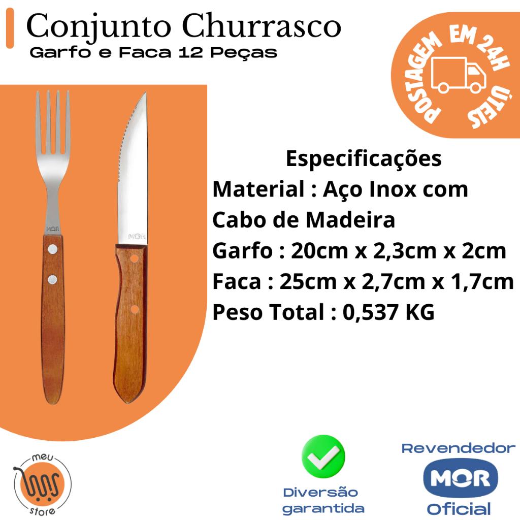 Conjunto Churrasco Garfo E Faca 12 Peças - 6 Garfos E 6 Facas Aço Inox Cabo Madeira Mor