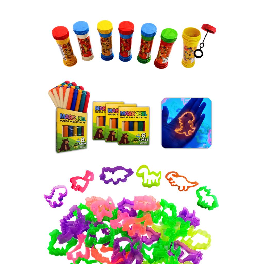 Kit 25 Caixas Massinha De Modelar + 25 Bolha Sabão + 25 Mini Giz + 50 Cortador Kit Festa Aniversario