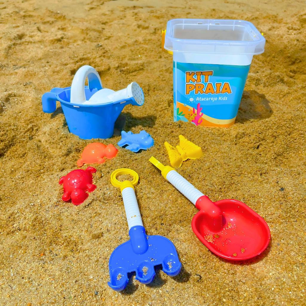 Baldinho Praia Kit Infantil Completo 8 Peças Para Brincar Na Areia Regador Pá Rastelo E Forminhas