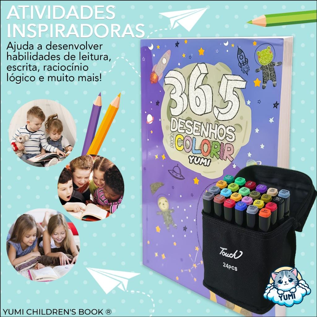 Kit Livro 365 Desenhos Para Colorir + Estojo Bolsa Caneta Canetinhas Touch Com Ponta Dupla