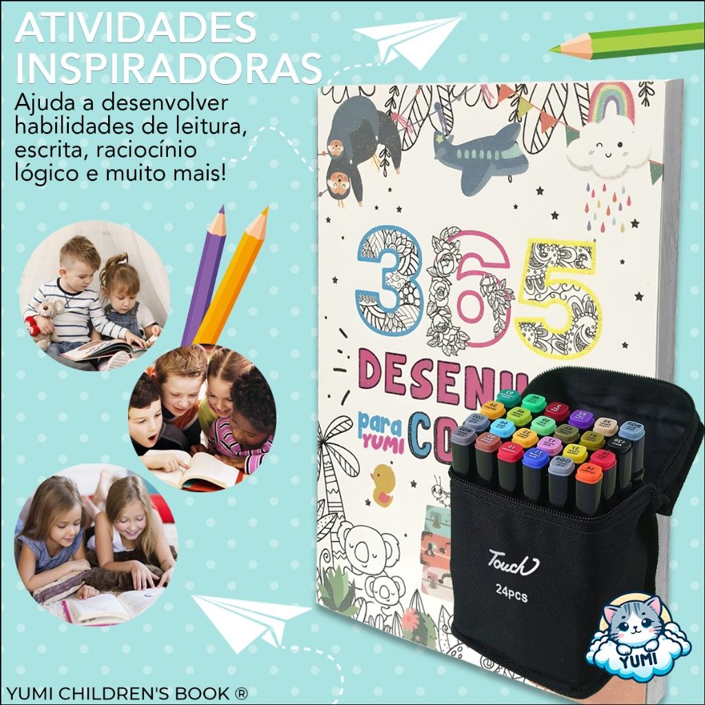 Coleção Livro 365 Desenhos Para Colorir + Conjunto De Canetas Marcadora Canetinhas Coloridas Kit Com Ponta Dupla